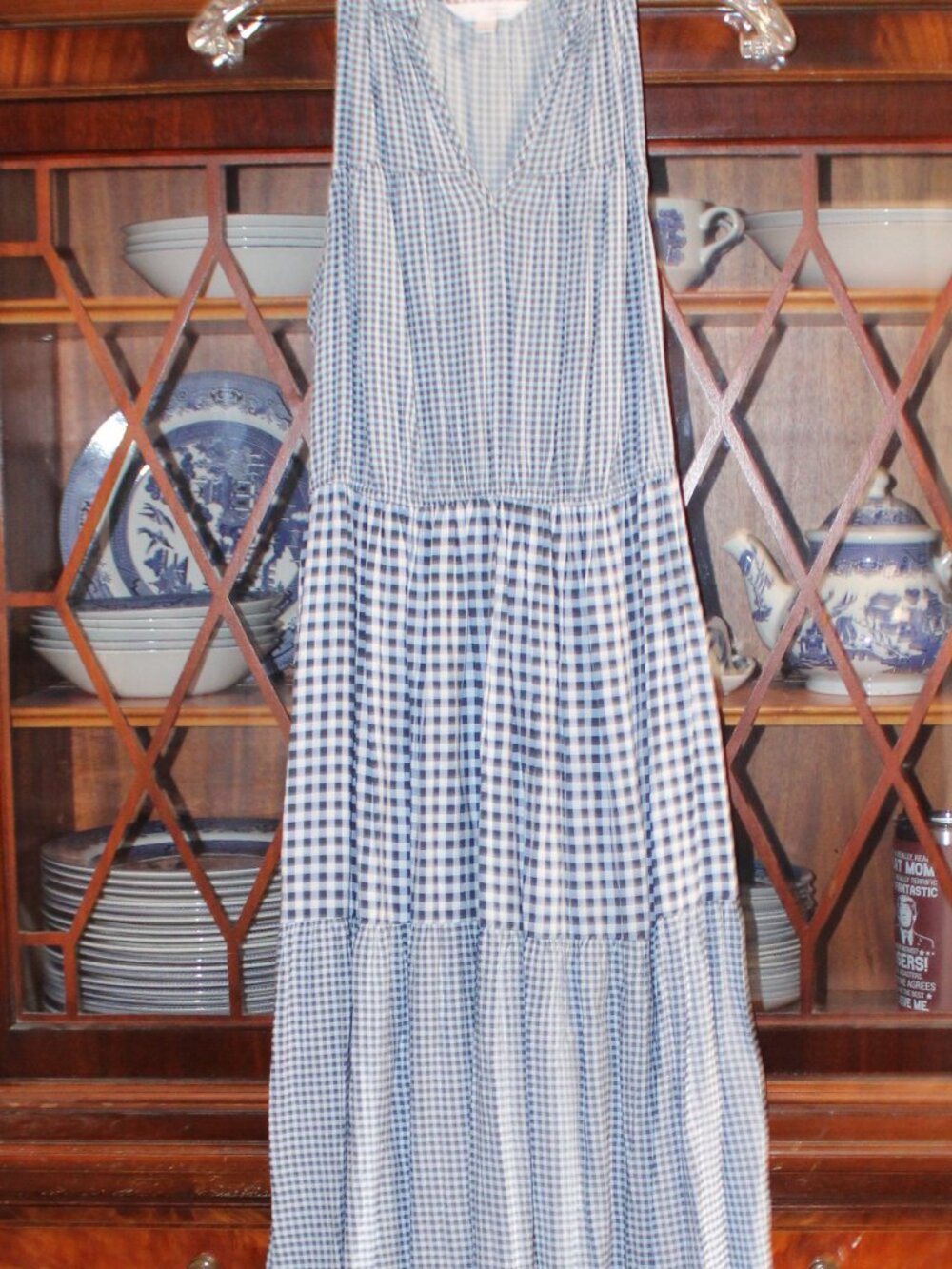 LC Lauren Conrad Rayon Blue and White Gingham Halter Maxi Dress XS - Picture 2 of 3